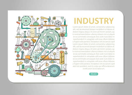 Machinery template with space for text. Doodle cartoon mechanism with people and cogwheels. Hand drawn vector illustration for business and industry design isolated on white.のイラスト素材