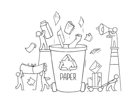 Container for paper garbage. Set of garbage cans for paper products with people. Cartoon vector illustration isolated on white.のイラスト素材