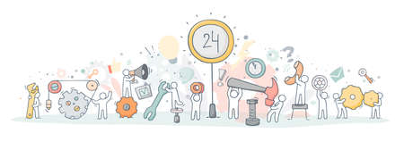 Support team. Doodle cartoon little men and tools. Hand drawn vector illustration for business...