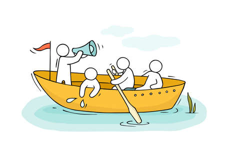 Sketch of little men sail by boat. Doodle cute miniature scene about transportation. Hand drawn...