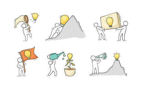 Cartoon lamp ideas with little people. Comic hand drawn collection with workers. Vector isolated on white background.のイラスト素材