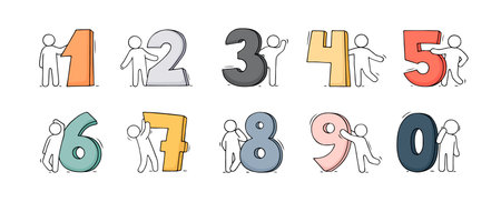 Cartoon icons set of sketch little people with numbers. Doodle cute miniature scenes of workers with numbers. Hand drawn vector illustration for school design and infographic.のイラスト素材