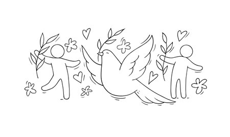 International peace day poster with dove, olive branch and happy people. Vector hand drawn illustration of flying pigeon, symbol of freedom, hope and friendship. Doodle sketch with birds and pacifistsのイラスト素材
