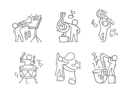 Music set with happy little people. Doodle cute miniature of teamwork and musical symbols. hand drawn cartoon vector illustrationのイラスト素材
