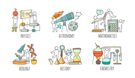 School icons set with learning little people. Doodle cute miniature of teamwork and lessons. Hand...