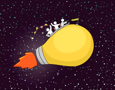 Sketch of working little people with flying lamp idea. Doodle cute miniature scene of creative workers. Hand drawn cartoon vector illustration for business design and infographic.のイラスト素材