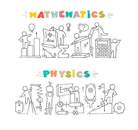 Cartoon set - Math and Physics subjects with little people and education symbols. Doodle cute miniature scene of workers with books, rocket. Hand drawn vector illustration for science design.のイラスト素材