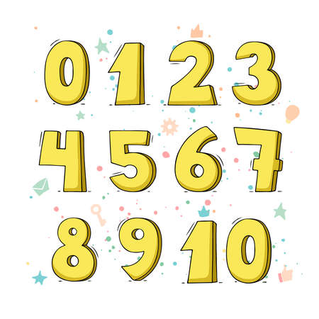 Cartoon set with different numbers. Doodle illustration about school and mathematics.のイラスト素材