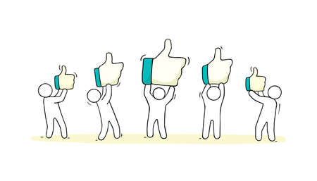 Crowd of working little people with like sings. Doodle cute miniature about communication. Hand drawn cartoon vector illustration for social media and web design.のイラスト素材