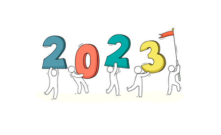 2023 Happy New Year card. Cartoon doodle illustration with liitle people prepare to celebrate. hand...