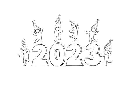 2023 Happy New Year card. Cartoon doodle illustration with liitle people prepare to celebrate. hand...