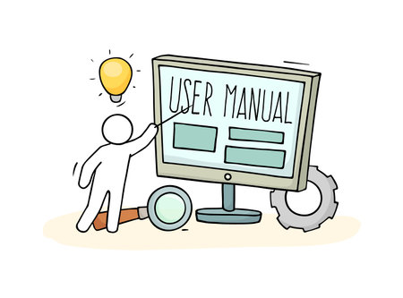 Sketch man with guide concept. Doodle cartoon scene about computer information. Hand drawn vector illustration for education design isolated on white.のイラスト素材