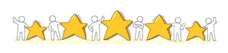 Happy people standing with five golden stars. Doodle cute illustration about the product quality....