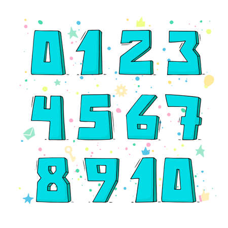 Cartoon set with different numbers. Doodle illustration about school and mathematics.のイラスト素材