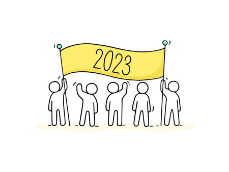 2023 Happy New Year card. Cartoon doodle illustration with liitle people prepare to celebrate. hand drawn vector illustration.のイラスト素材
