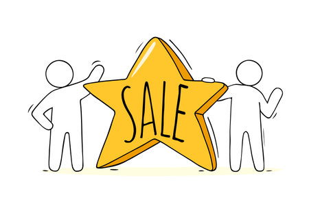 Hot sale vector template - cartoon isolated sale label. Vector promo price discount, advertising badge with person holding promo card.のイラスト素材