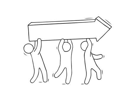 Cartoon little people carry big red arrow. Hand drawn vector illustration about teamwork, business, success.のイラスト素材