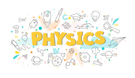 Sketch of physics lab with working little people. Doodle cute miniature of teamwork and science symbols. Hand drawn cartoon vector illustration for school subject design.のイラスト素材