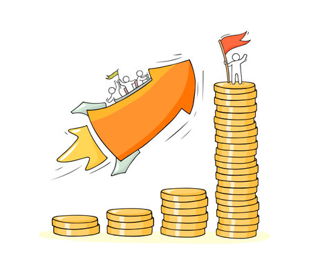 Cartoon concept - growth stacks with coins with people on the red arrow. Hand drawn cartoon vector for business design.のイラスト素材