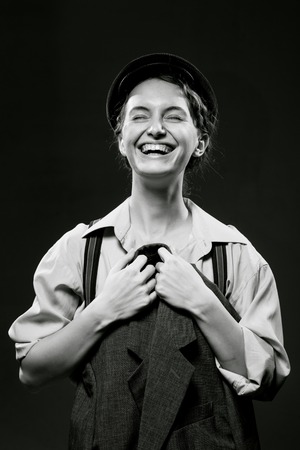 Black and white picture of a young girl in the imageの写真素材