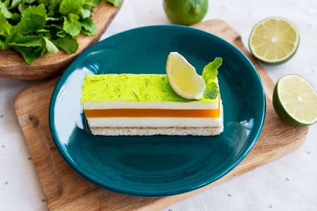 Piece of puff the turn on a wooden tableの写真素材