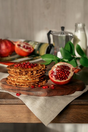 Round wafers stacked pile shot close-up in studioの写真素材