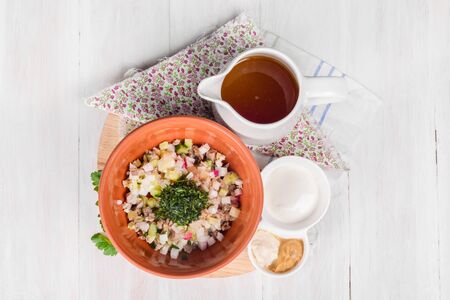 Traditional russian cold soup with kvass okroshkaの写真素材
