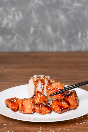 Asian food chicken with rice close-up shotの写真素材