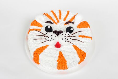 Cake on a white background under the tenderloin filmed in the studioの写真素材