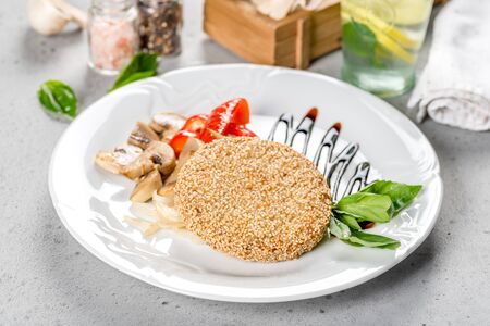 Turkey cutlet on a white plate in the decor shot on the backgroundの写真素材