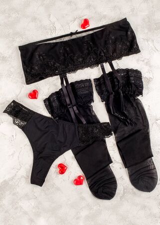 Underwear panties and stockings shot on a background from aboveの写真素材