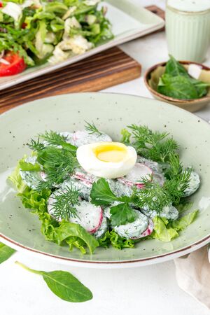 Salad radishes and cucumbers in sour cream sauce with eggの写真素材