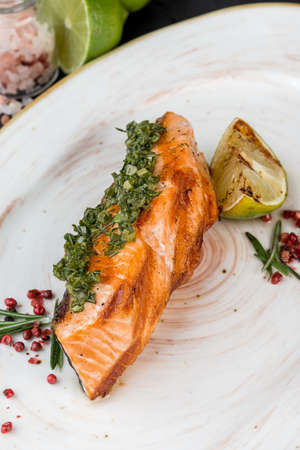 One slice of grilled salmon on a white plate. Close-up shotの写真素材