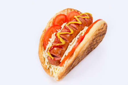 Hot dog with fried bun and sausage not on white plate clippingの写真素材