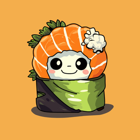 Illustration of a sushi roll with salmon, seaweed and wasabiの写真素材