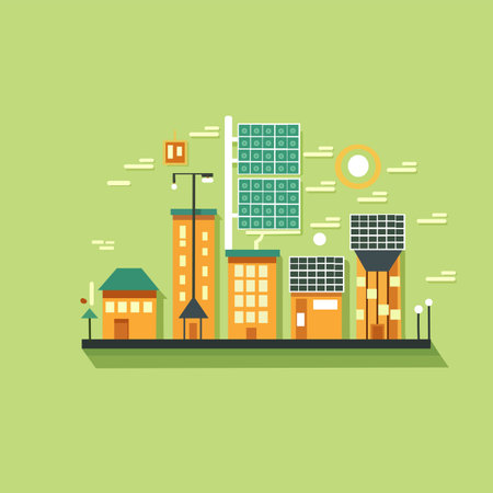 solar panels city vector illustration in minimalist and modern flat styleのイラスト素材