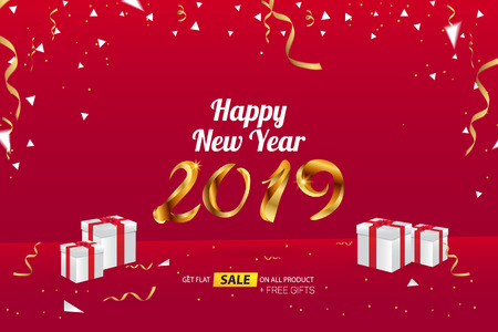 Happy New Year 2019 Sale Banner Advertising Vector Template Designのイラスト素材