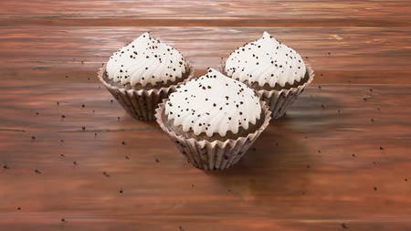 3 Chocolate CupCake on Wooden Floor, 3d Realistic Rendered Cupcake Photoの写真素材