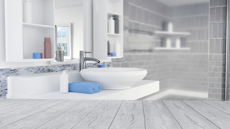 Bathroom Interior Design With Blue Towels and Empty Wooden Floorの写真素材