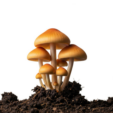 Group of mushrooms growing out of soil, isolated on white background.の素材