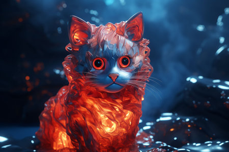 Fantasy illustration of ice cat with a fiery heart on dark background in winter.の素材