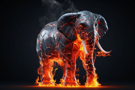 Ice elephant with a fiery heart in the fire on a dark background. Fantasy illustration.の素材
