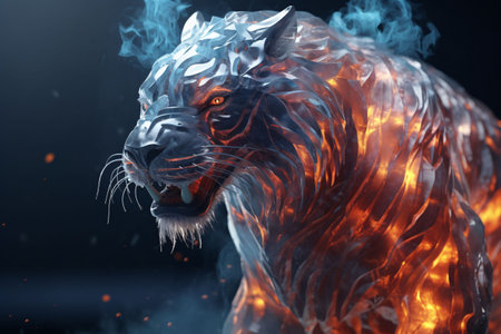 Fantasy illustration of a ice tiger with a fiery heart in a dark forest.の素材