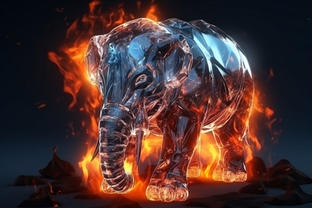 Ice elephant with a fiery heart in the fire on a dark background. Fantasy illustration.の素材