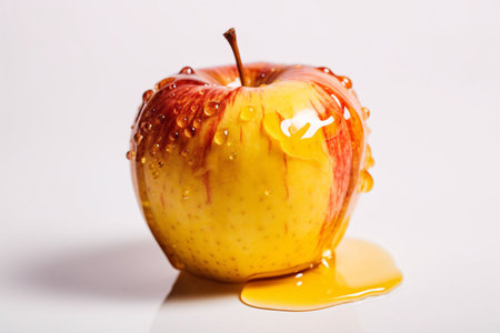 Yellow-red apple with drops of honey on a white background close-upの素材