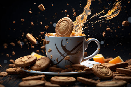 Cup of tea with falling pieces of cookies on black backgroundの素材