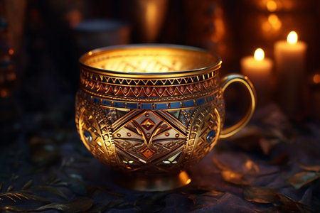 Vintage tea cup with burning candles with an ornament.の素材