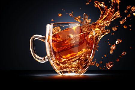 Transparent cup of tea with ice cube and splashes on a black background.の素材