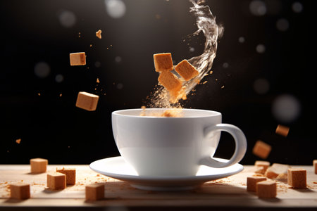 Cup of coffee with sugar cubes and splashes on black backgroundの素材