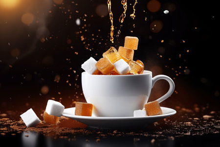 Cup of coffee with sugar cubes and splashes on black backgroundの素材